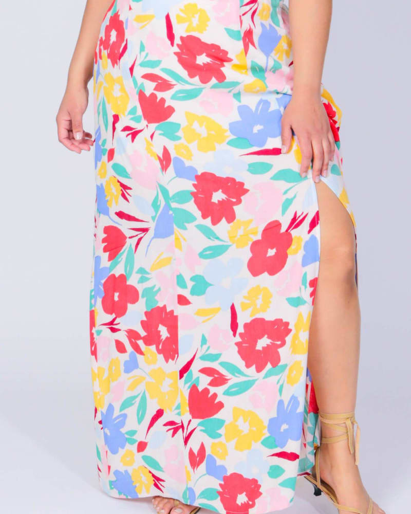 Front of a model wearing a size L Herb Maxi Skirt in Large Floral by LuvMeMore. | dia_product_style_image_id:266738